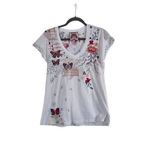 Johnny Was Aravis Embroidered V Neck Short Flutter Sleeve Butterfly Top Medium